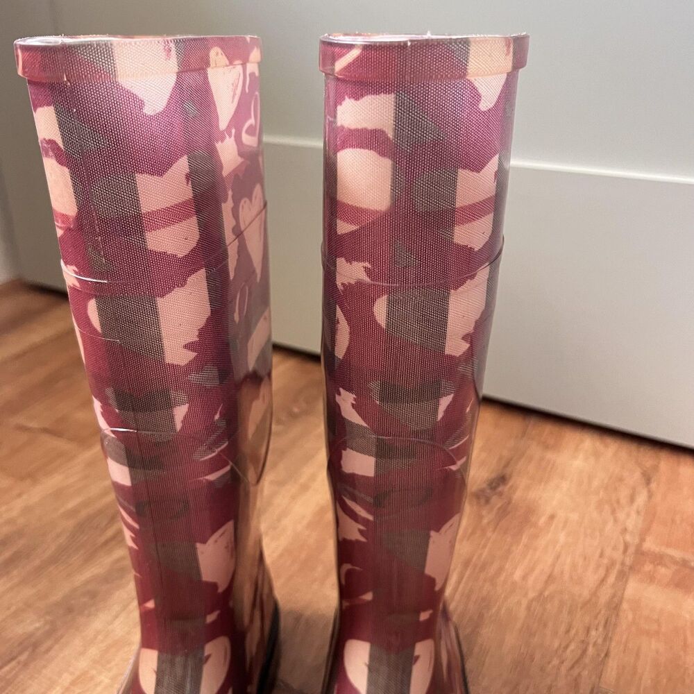 Burberry Rain Boots Women Sz 37 Hearts Pink Italy Waterproof Knee High Shoes - Picture 7 of 16